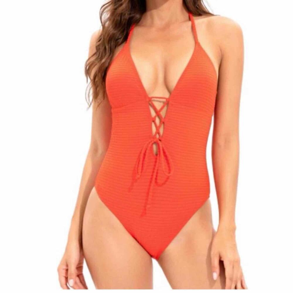 Lucky Brand Golden Wave Textured One Piece Swimsuit Large Fiesta Orange